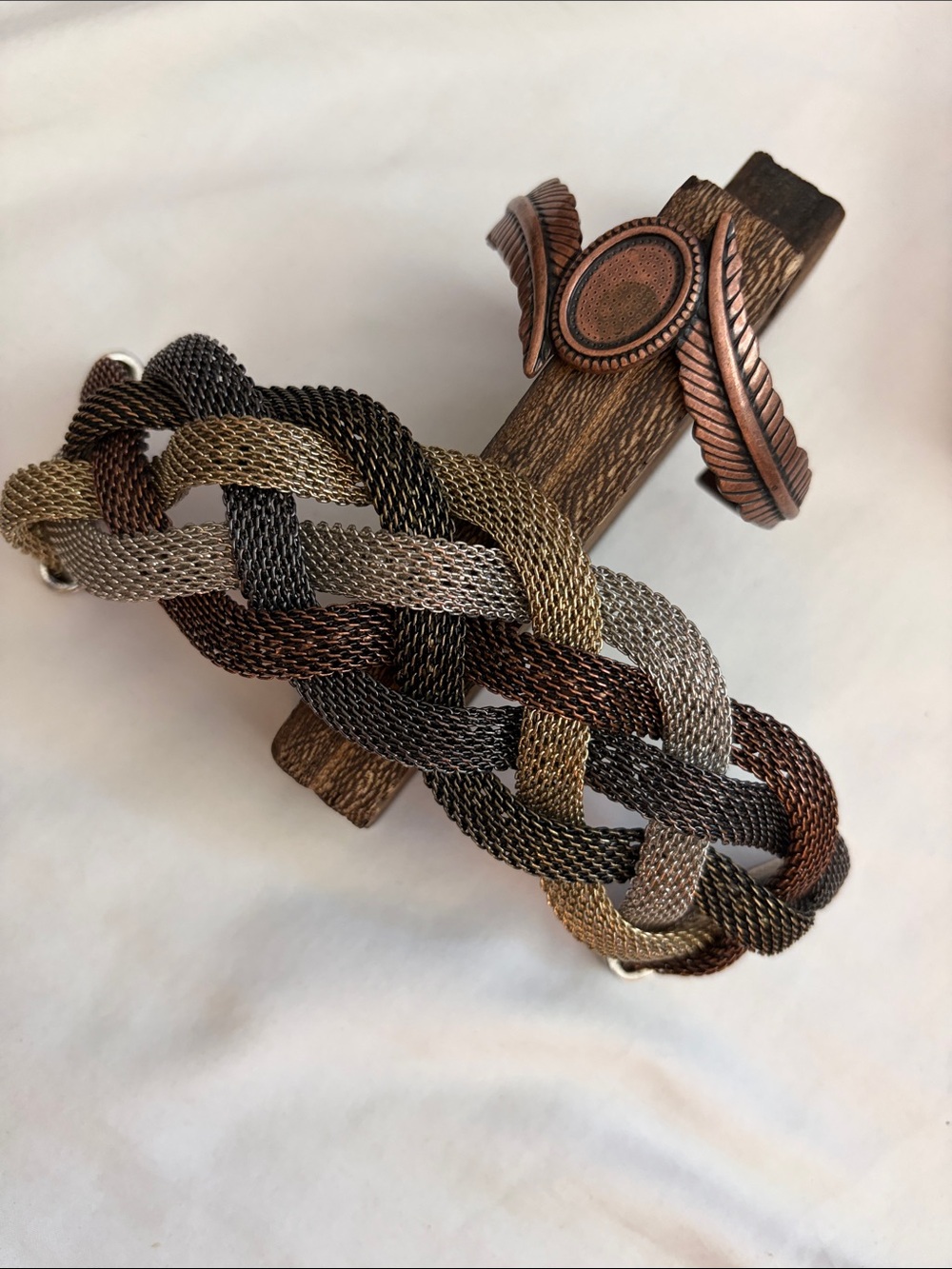 Tricolor Braided Metal Mesh Bracelet and Copper tone bracelet
